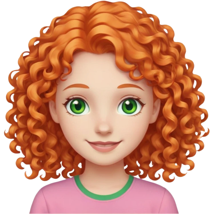 smiling pale girl with curly orange hair, green eyes, pink shirt emoji