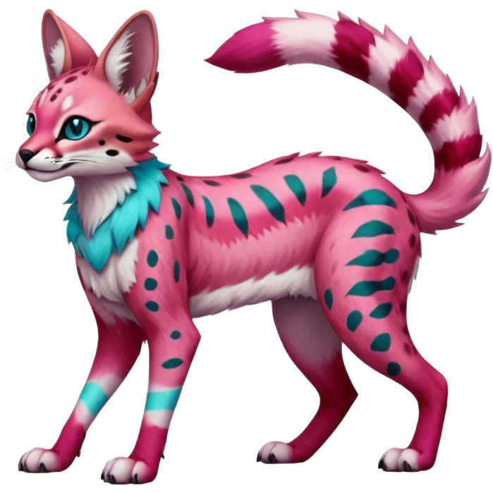 Epic complex detailed sanguine-red magenta pink white pastel realistic aesthetic-scenic-Fakémon-Trico-Sergal-Serval-Vernid-creature with cyan markings  emoji