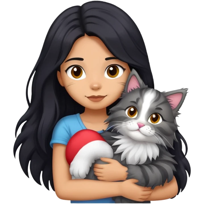 Girl with long black hair hugging a gray fluffy plush toy and a tricolor Maine Coon cat emoji
