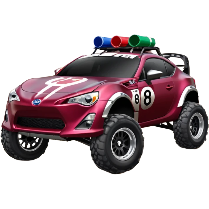 Extended wheelbase 2013 scion fr-s dark black cherry off road 4wd monster Baja dessert stadium racer number 86 with long travel suspension, shiny silver wheels, exaggerated black fender flares, made out of discarded Pepsi cans  emoji