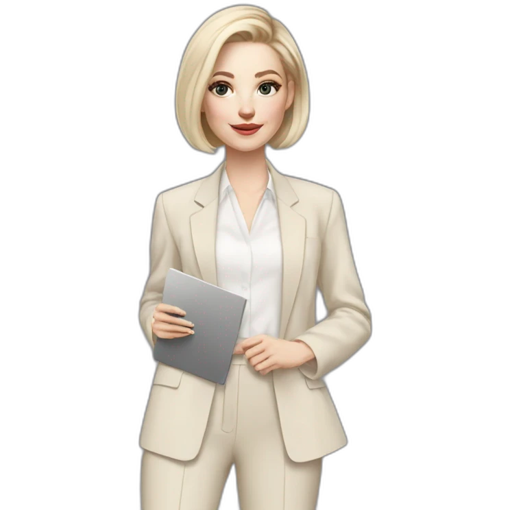 pale skin woman with ash blonde Straightened bob Hair, White Spacious classical jacket, beige palazzo Arrow pants and gray blouse holding a color palette in the hands emoji