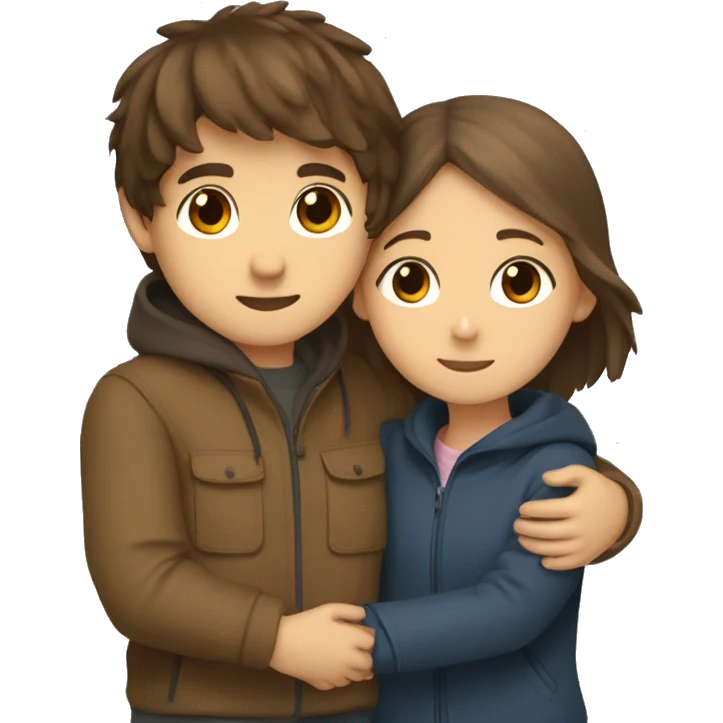 a young boy with brown hair and brown eyes in love hugging a thin girl with brown short straight hair and fringe with big brown eyes and a windbreaker on.  emoji