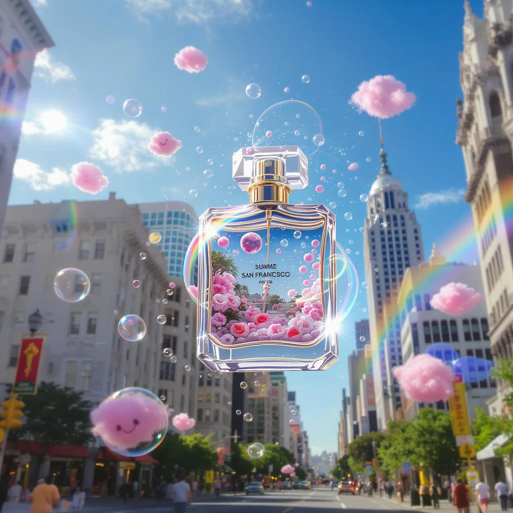 Cinematic still perfume bottle inside bubbles flying around San Francisco downtown, sunny summer day, happy vibe, colorfull surround, rainbow, small cute pink clouds around emoji