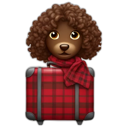 Chocolate colored doodle with wavy hair wearing a red and black flannel handkerchief with a carryon suitcase emoji
