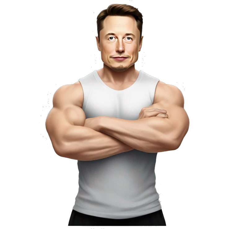 elon musk exercising his biceps with dumbbell and  he is wearing sando of white color and is looking jacked emoji