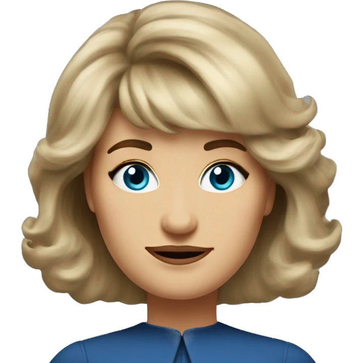 Medium length Dirty blonde poofy hair with bangs all across forehead and sides swept away from face business woman of 60 years old with blue eyes  emoji