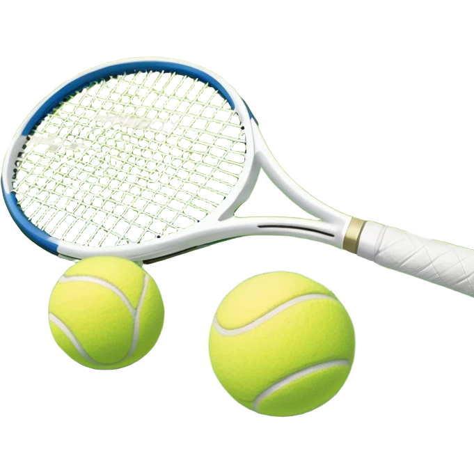 A tennis racket and ball placed on the grass court, with the lines of the court clearly visible in the background. The scene captures the essence of the sport, highlighting the equipment and the vibrant, open atmosphere of a tennis match emoji