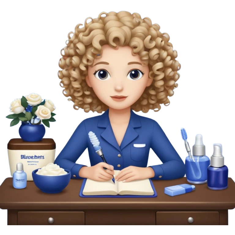 Girl with curly hair with a desk in front of her with blueberries, skin care, white roses, and the girl is doing her hair so there should be a curl mousse curl gel and a diffuser on the desk emoji