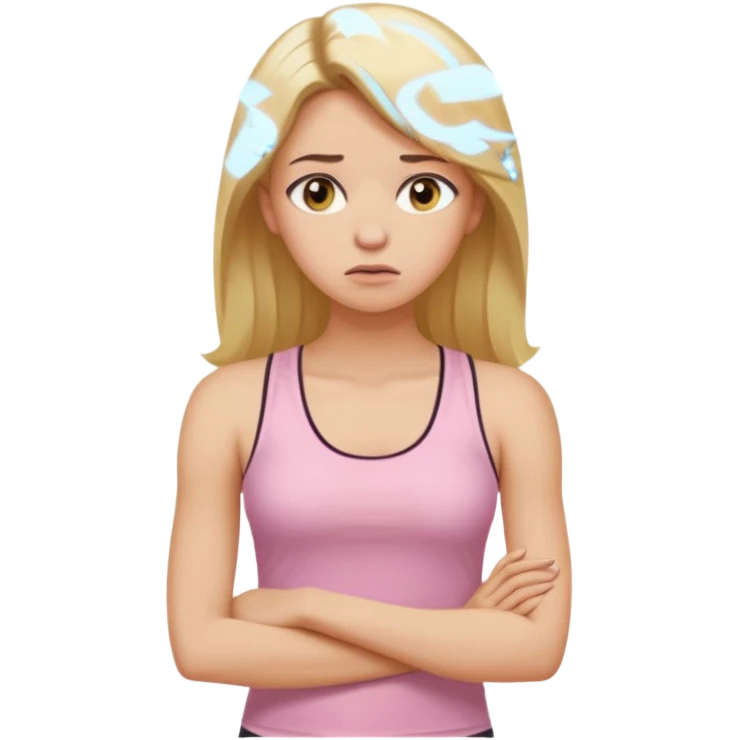 Create a young woman with long blonde hair, golden eyes, and medium-light skin tone, wearing a light pink tank top and leggings. She should be in portrait mode, but with a subtle doubting facial expression—slightly raised eyebrow, small frown, .  and her hand next to her chin like a thinker emoji