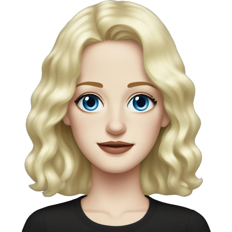Eva Green with blonde hair, blue eyes, freckles, black shirt emoji