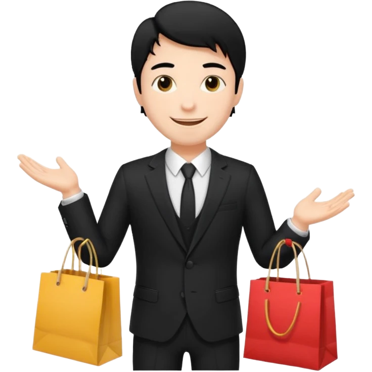 elegant man black hair in a black suit with clothing shopping bag emoji