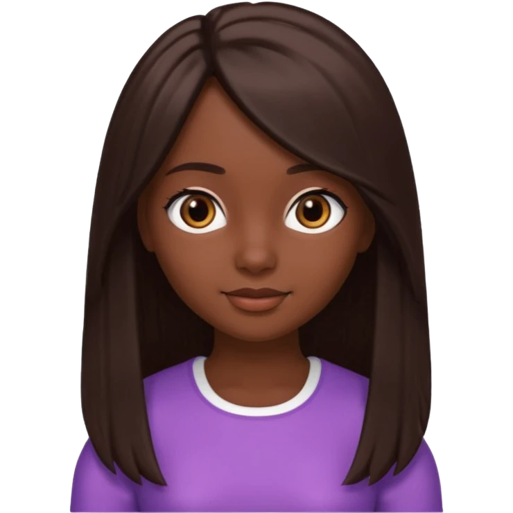 Boneca digital em estilo 3D realista e fofo, semelhante a uma boneca colecionável. Mulher jovem com pele negra, olhos castanhos escuros, cabelo liso cor chocolate, longo e bem alinhado.  emoji