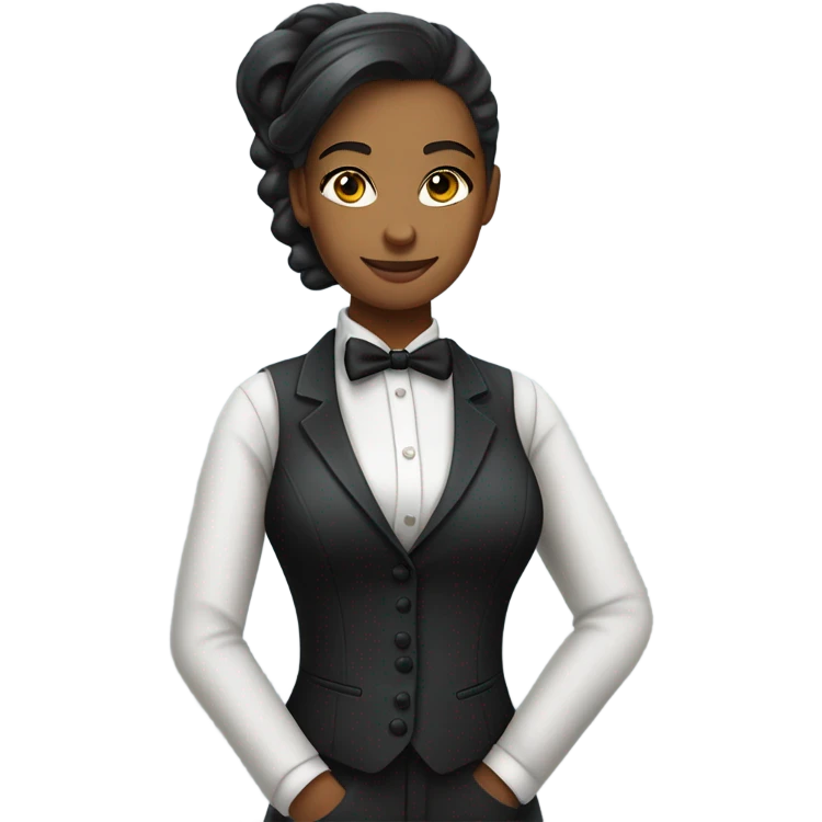 a female butler with a professional and elegant demeanor. She has her hair neatly tied in a ponytail and wears a classic butler uniform, including a tailored vest, crisp white shirt, and bow tie. emoji