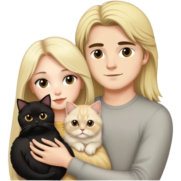 pretty girl with long dark hair holding a blonde persian cat beside her boyfriend holding a small black cat emoji