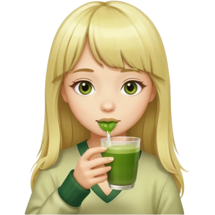 a girl have long blonde hair with bangs drinking matcha emoji