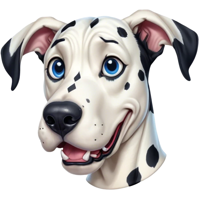 Cinematic Comical Harlequin Great Dane Portrait Emoji, Head tilted dramatically with an exaggeratedly shocked or amused expression, featuring a striking coat of predominantly white with vivid black patches, wide, expressive blue eyes filled with playful disbelief, Simplified yet hilariously expressive features, highly detailed, glowing with a slightly sassy glow, high shine, dramatic yet playful, stylized with an air of cheeky charm, bright and endearing, soft glowing outline, capturing the essence of a spirited and over-the-top guardian, so meme-worthy it feels like it could side-eye its way into internet fame instantly! emoji