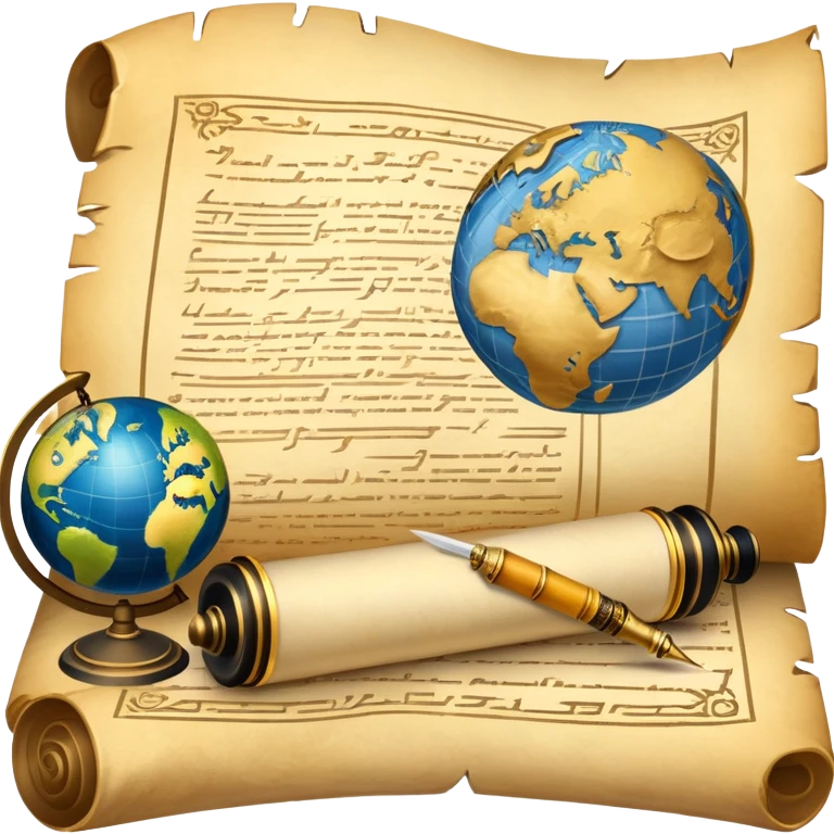 An icon featuring an ancient scroll, a quill pen, and a globe, symbolizing the study of history. The design includes a timeline with significant historical events, with ruins in the background to evoke past civilizations. Transparent background emphasizes the exploration of human history emoji