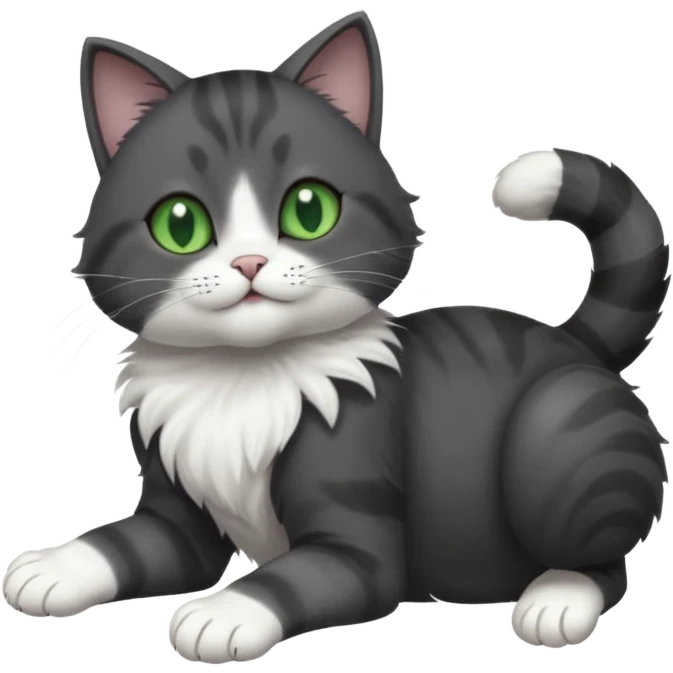 solid dark grey cat with green eyes, white toes/paws and white patch on her chest playfully rolling upside down emoji