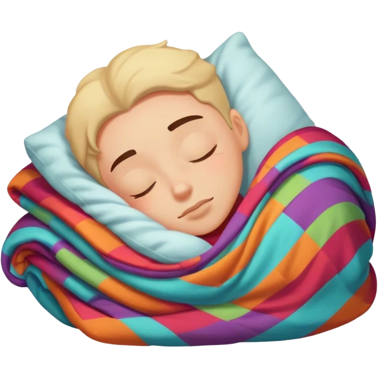 A sleeping person with a colorful pillow and cozy blanket emoji