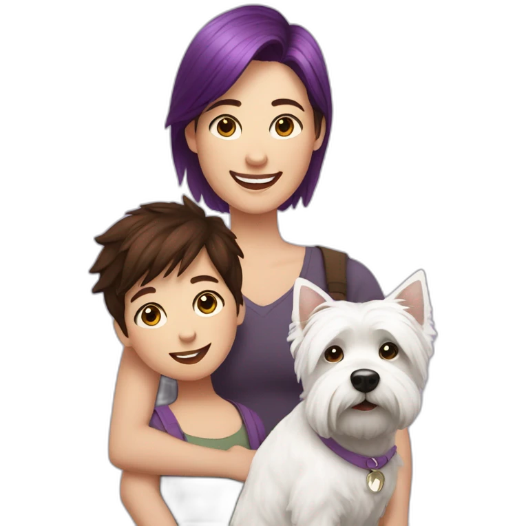 Family picture woman with purple hair, aduld son with dark brown hair and cute West Highland White Terrier emoji