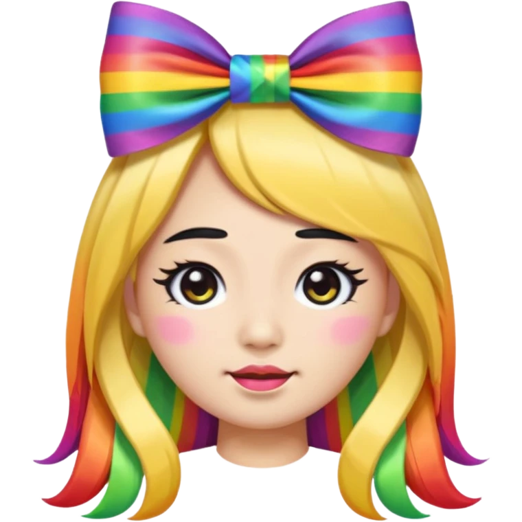 asian emoji face with long hair with very thick black eyeliner and rainbow bow on head and tacky emoji