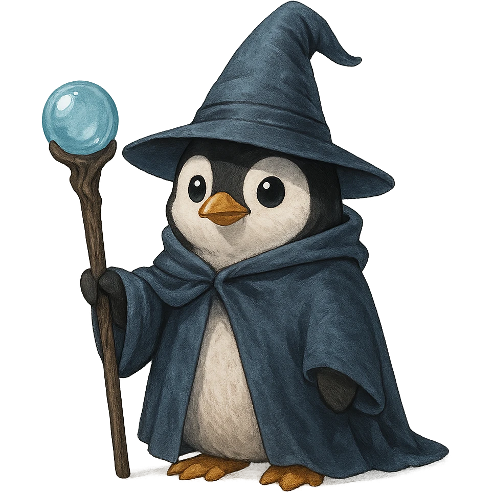 a penguin dressed as a wizard, wearing a pointed hat and holding a magic staff emoji
