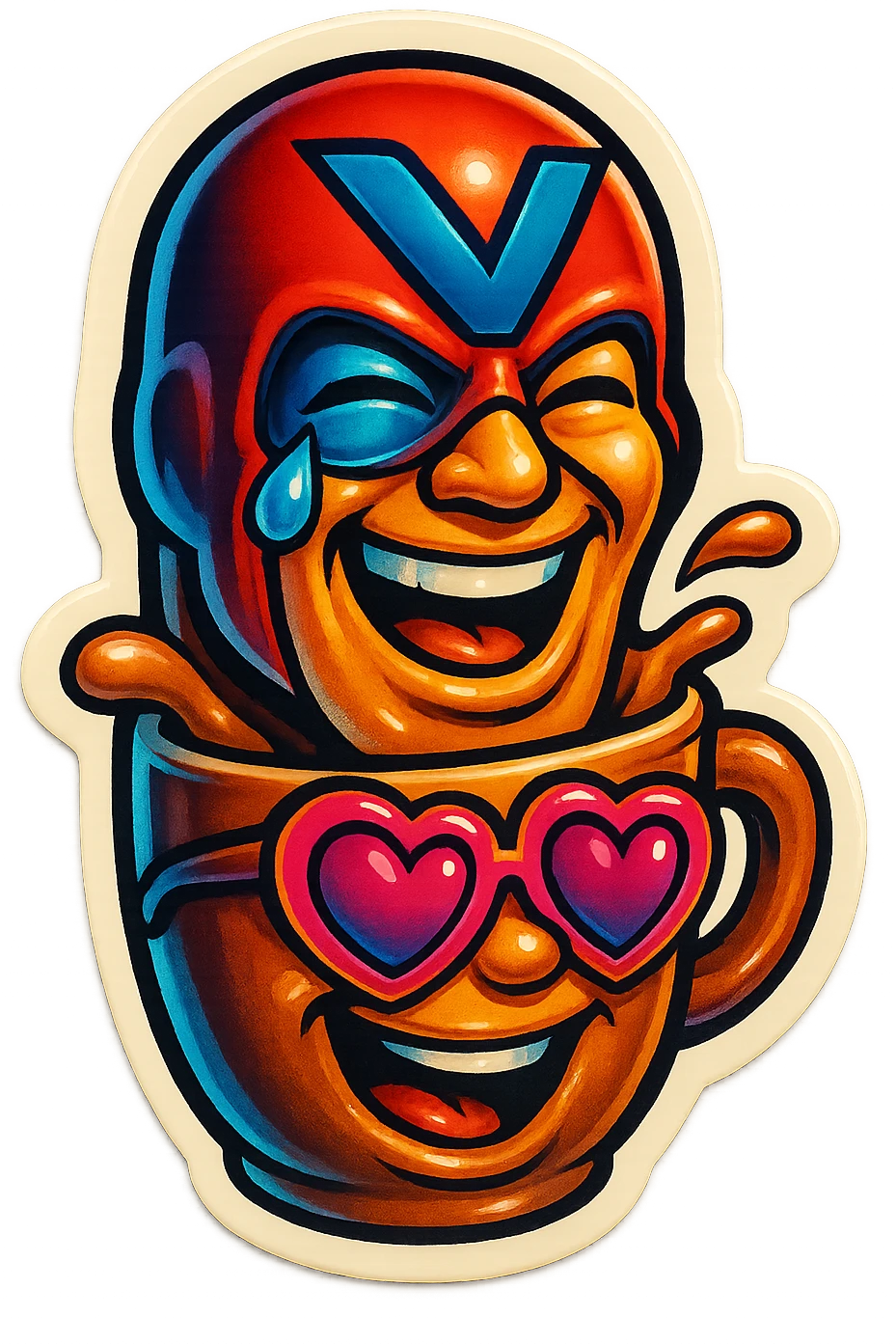 superhero head, coffee creature, heart glasses, laughing with tears in eyes emoji