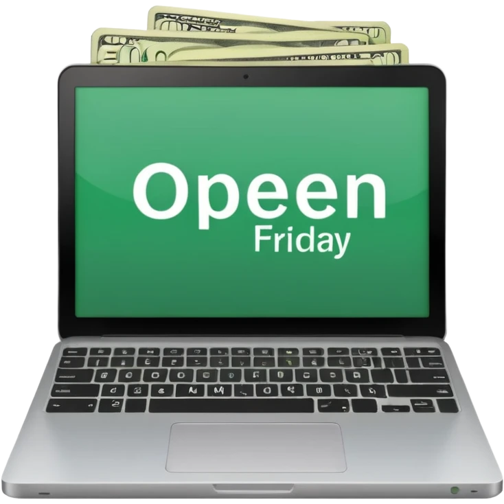 green laptop with black friday deals with coins and money tab open on it with Black Friday wrote emoji