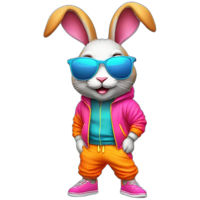 crazy rabbit in retro neon jogging suit and sunglasses, full body emoji