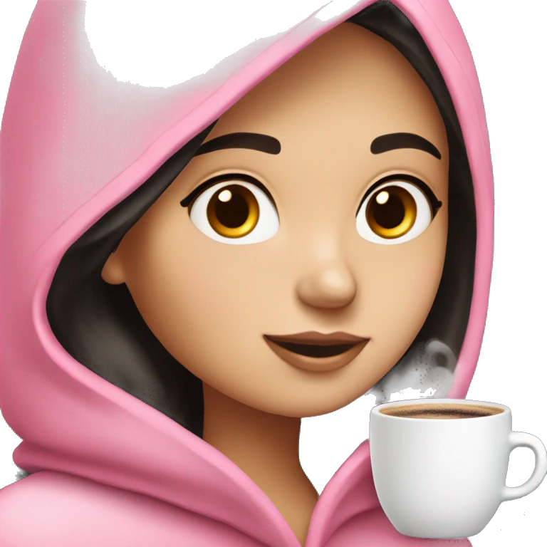 Brunette girl emoji that wears pink robe with white lines,light pink colored headphone,fair skin and almost black hair looking at her pink macbook with a cup of coffee emoji