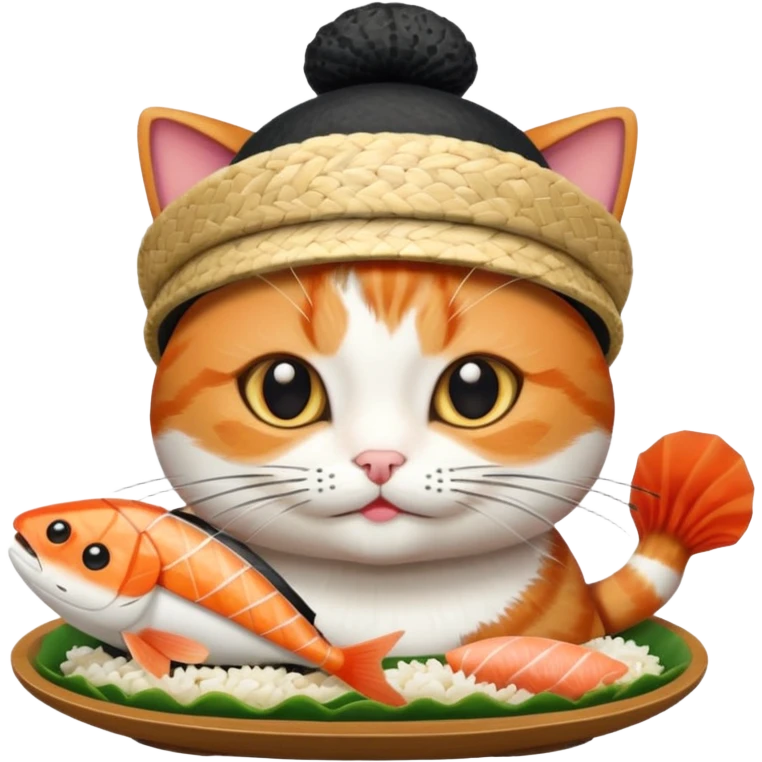 cat wearing a hat made out of sushi emoji