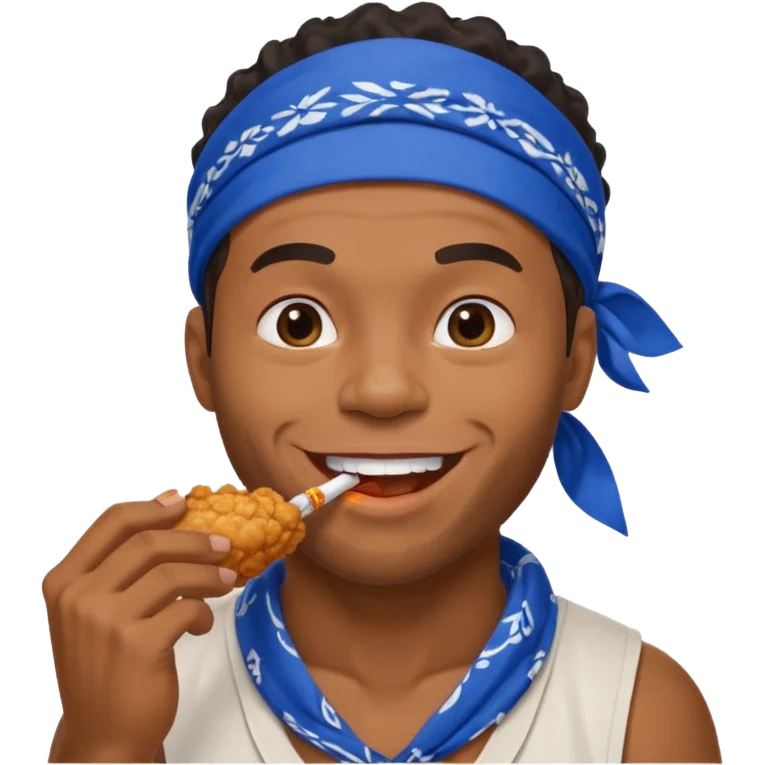 black man eating fried chicken with blue bandana and cigarette in teeth emoji