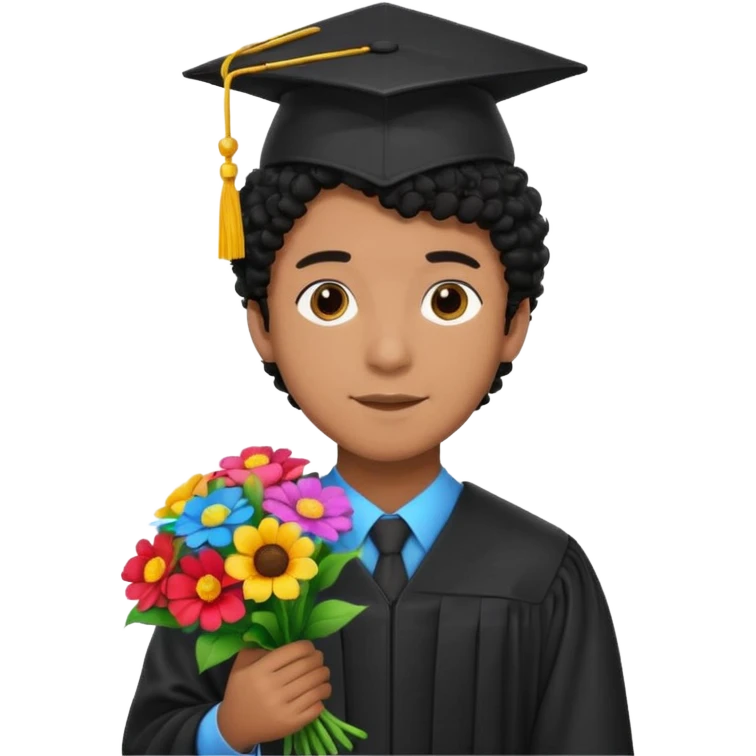 Graduated Students, Male,  brown skin, black curly hair, wearing graduation cap, holding bouquet of flowers
 emoji
