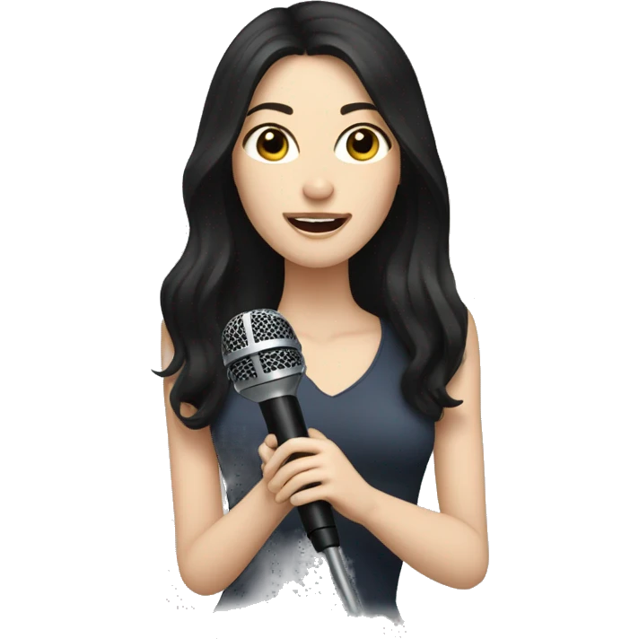 a woman with long black-brown hair, hazel eyes, pale skin, singing into a microphone emoji