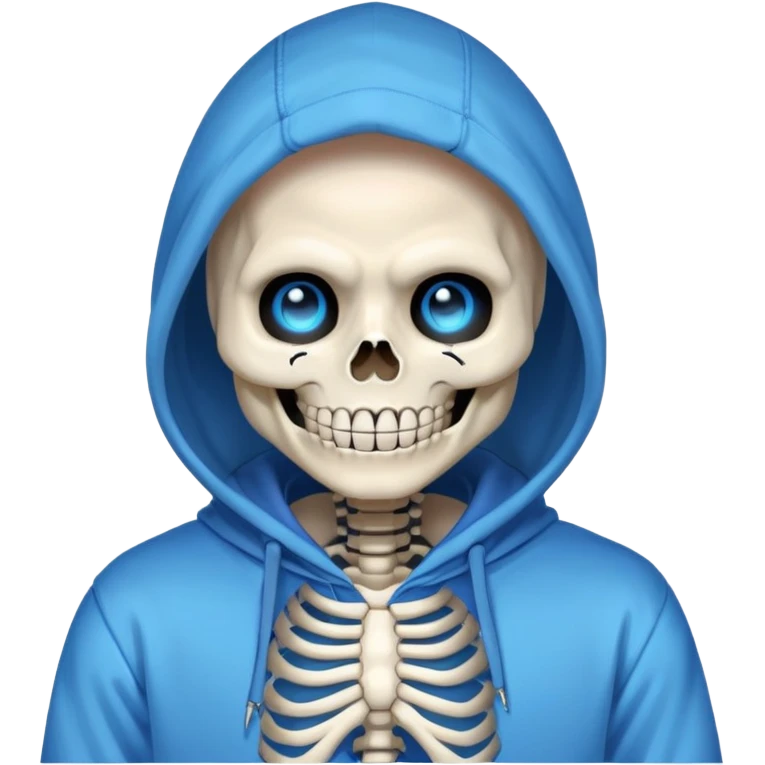 Sans from Undertale with glowing blue eye, skeleton with permanent grin, wearing blue hoodie emoji