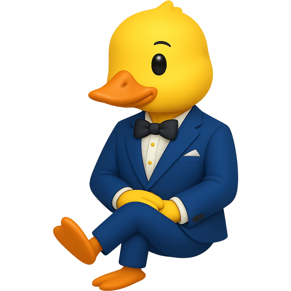 Create a gentlemanly yellow duck in a blue suit, sitting with crossed legs, in the style of apple emojis, with no background. emoji