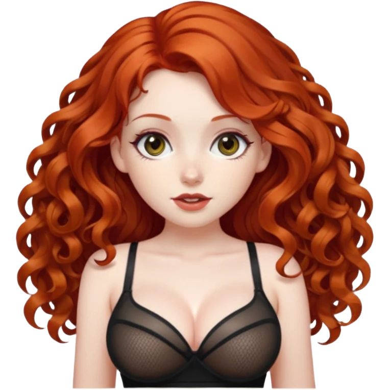 Naked red haired girl with long curly hair and very large big boobs and cleavage.  Thin waist and wide sexy hips. She is not wearing any clothes at all except a see-thru black mesh very short mini-skirt emoji