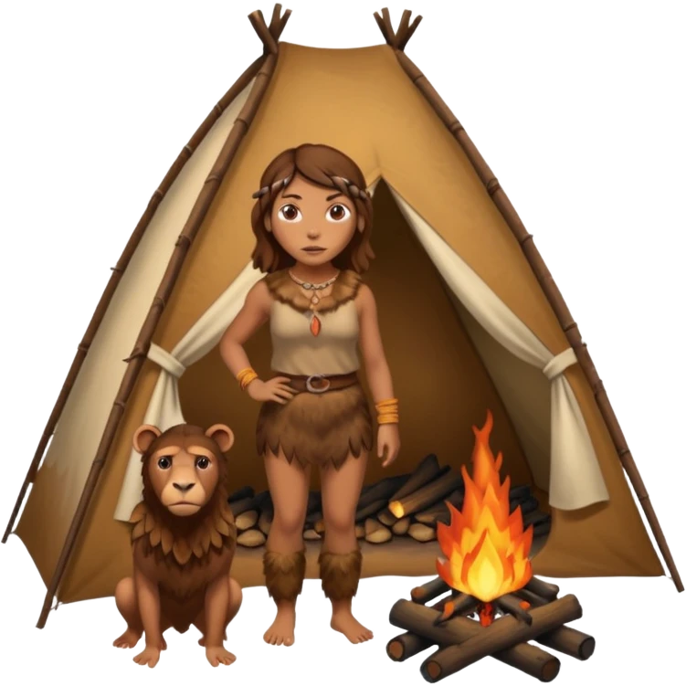 a NEANDERTHAL WOMAN WITH BROWN HAIR STANDING BY A FIRE AND TENT emoji
