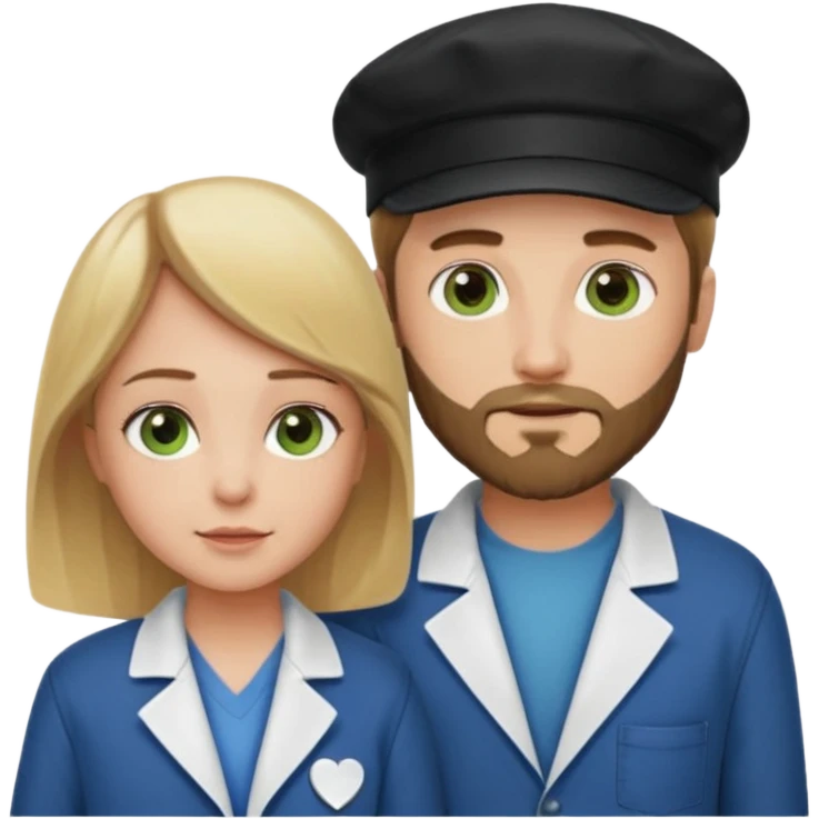 a blonde bearded guy wearing black cap, tall, fair skinned, brown eyes,  looking into the girls eyes who is short than him having green eyes and brown hair, who is in love with the guy, girl is wearing a lab coat, guy is wearing a brown jacket and blue jeans emoji