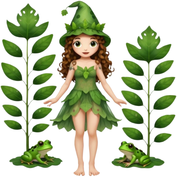 full body woman long curly brown hair brown eyes white skin tattoos wearing cute frog hat and sheer leaf dress, barefoot, flirty forest fairy pose emoji