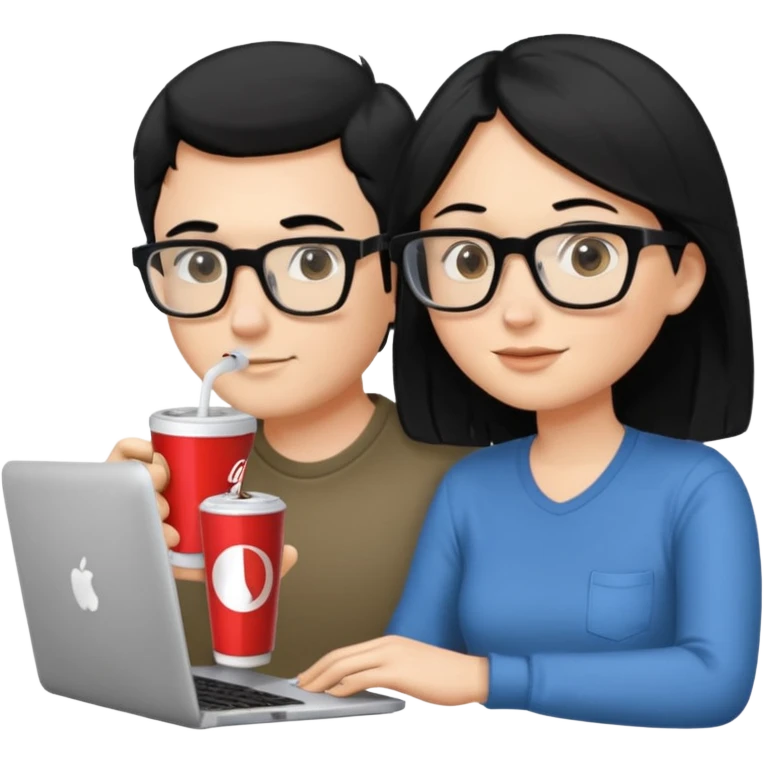 Hombre blanco con gafas, pelo negro tomando un refresco frente a un ordenador con ropa de sport, mujer rubia en la pantalla del ordenador tomando café emoji