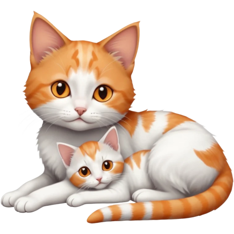 full body of very small + skinny ginger and white kitten with deep orange eyes and triangular shaped face lying down cuddling a grey and white kitten who is a bit bigger than him emoji