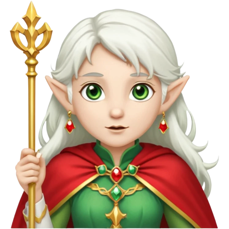 an elf with very white hair and two long ponytails on the side of her head, she has a curtain bang, green eyes, she has a white cape with golden borders and a scepter with a red orb, she has earrings that look like red drops emoji