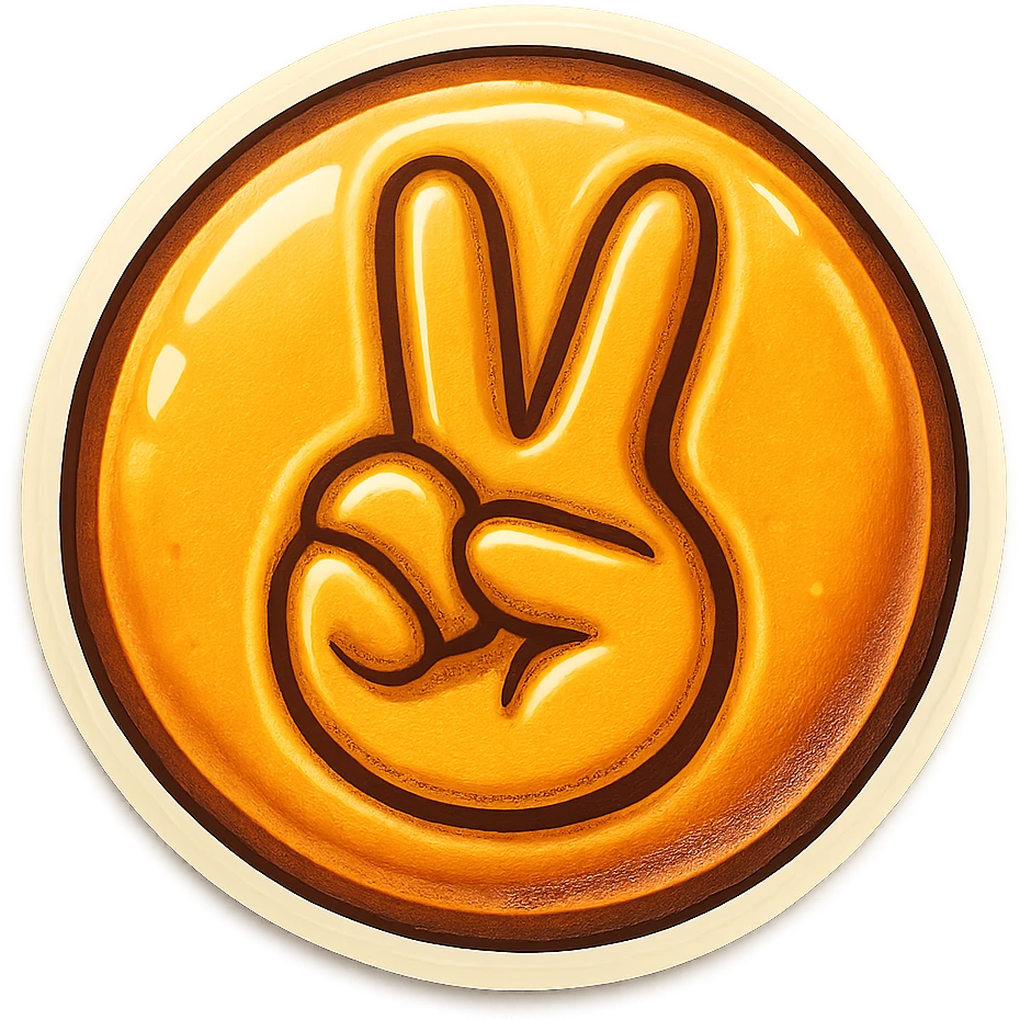 retro sticker style icon of a dalgona candy with a playful and bold peace sign pressed in the center emoji