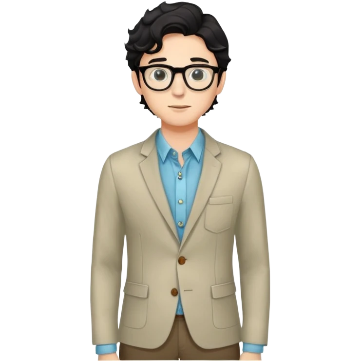 Young caucasian man with black wavy hair, round glasses, wearing semi-formal attire for theater - button-up shirt, blazer, nice pants emoji