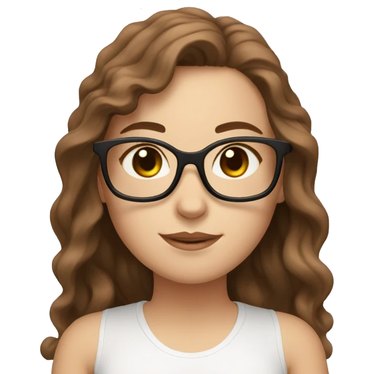 White girl with wavy brown hair, brown eyes and black glasses doing yoga emoji