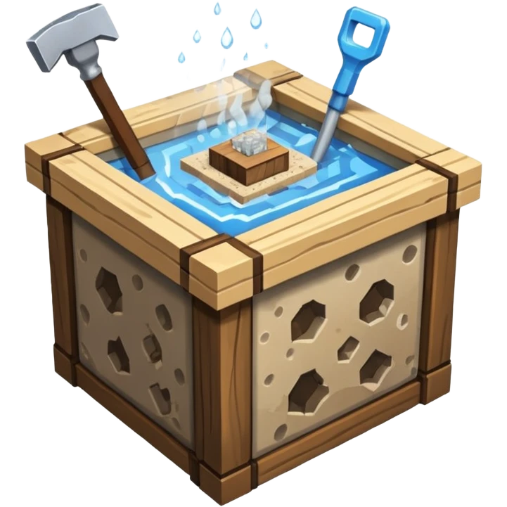 crafting table with tools, stone, wood, glass, sand, steam, water... like a minecraft style cube crafting table 100% like a minecraft cube emoji