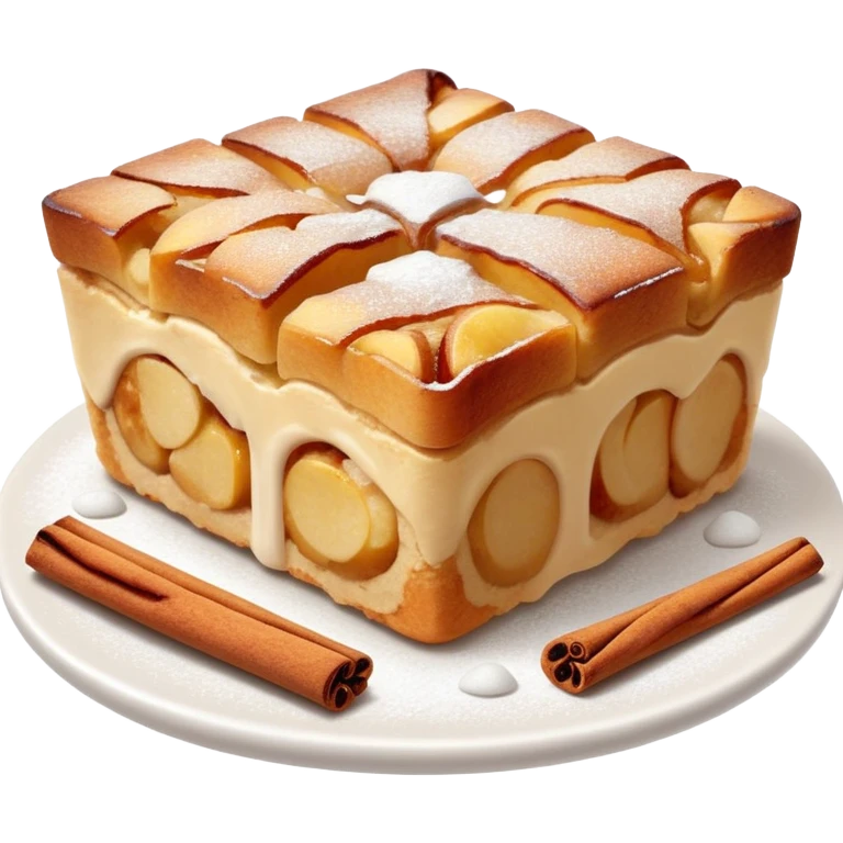 Apple cinnamon bread pudding sprinkled with powder emoji