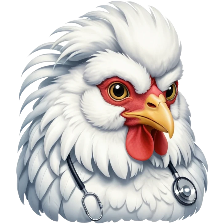 A very fluffy White Silkie Bantam rooster wearing a doctor's stethoscope. The head feathers look like a large wig. emoji