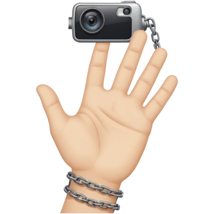 Minimalist emoji-style sticker of a human hand bound by a chain leading to a video camera. Icon-like, clean silhouette, muted tones. emoji
